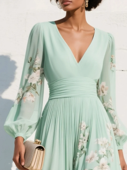 Cisella | Robe midi en vert clair avec motif floral