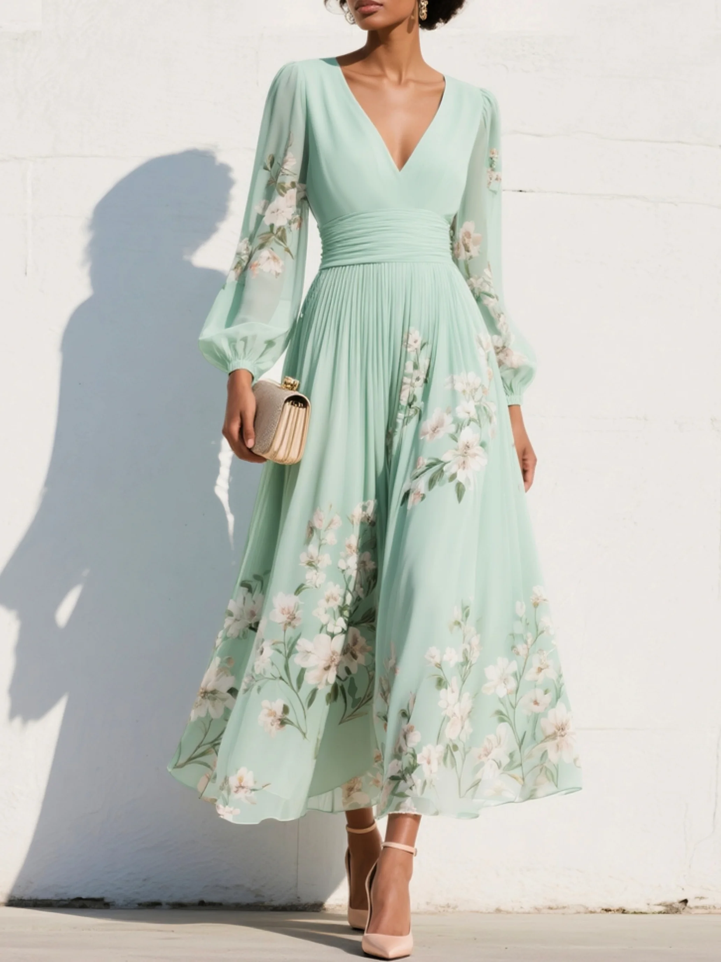 Cisella | Robe midi en vert clair avec motif floral