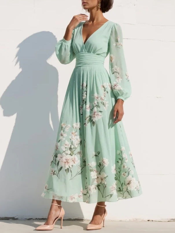 Cisella | Robe midi en vert clair avec motif floral