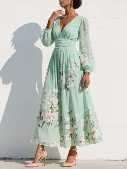 Cisella | Robe midi en vert clair avec motif floral