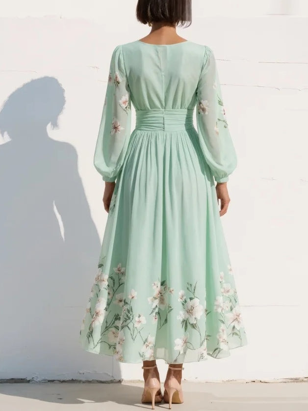 Cisella | Robe midi en vert clair avec motif floral