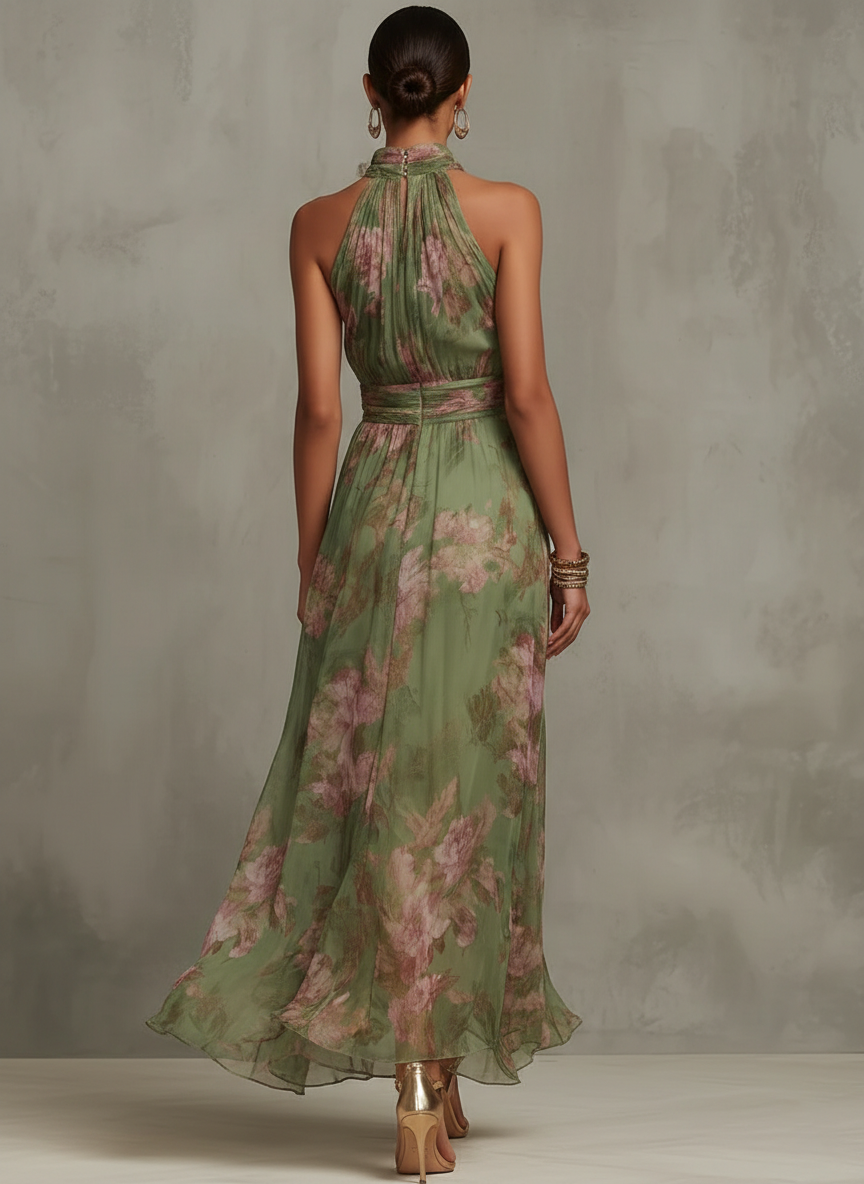 Serena | Robe Maxi Florale Verte avec Décolleté Halter