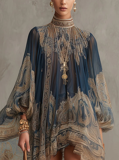 Bérénice | Mini Robe Irrégulière Imprimé Baroque Bleu Marine, Col Haut