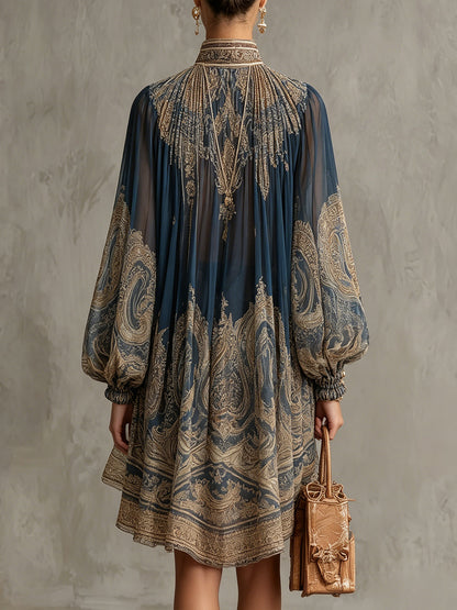 Bérénice | Mini Robe Irrégulière Imprimé Baroque Bleu Marine, Col Haut