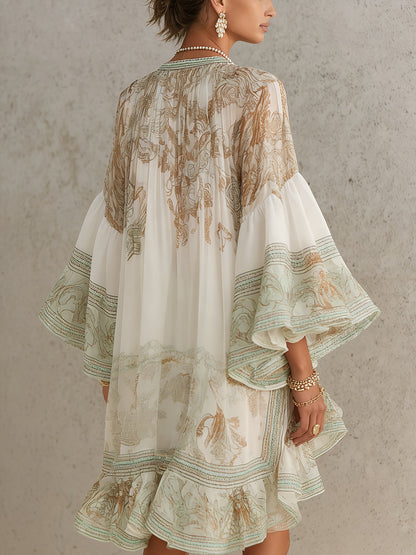 Rosalie | Robe Mini en Mousseline à Manches Volantées et Ourlet Rayé Vert