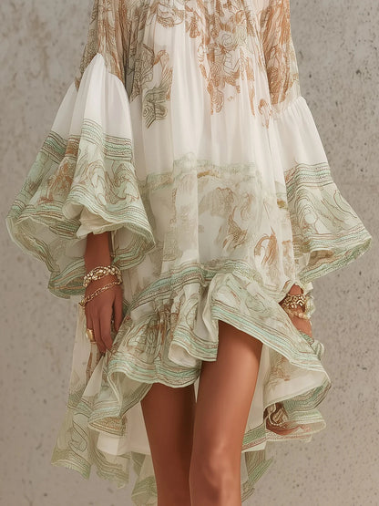 Rosalie | Robe Mini en Mousseline à Manches Volantées et Ourlet Rayé Vert