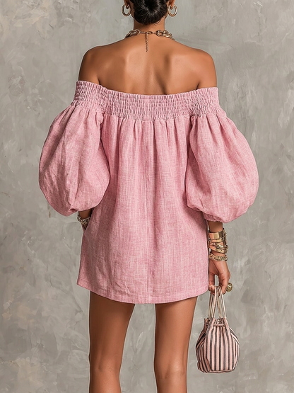 Rosabelle | Mini Robe Trapèze Ample, Manches Lanterne, Épaules Dénudées Roses