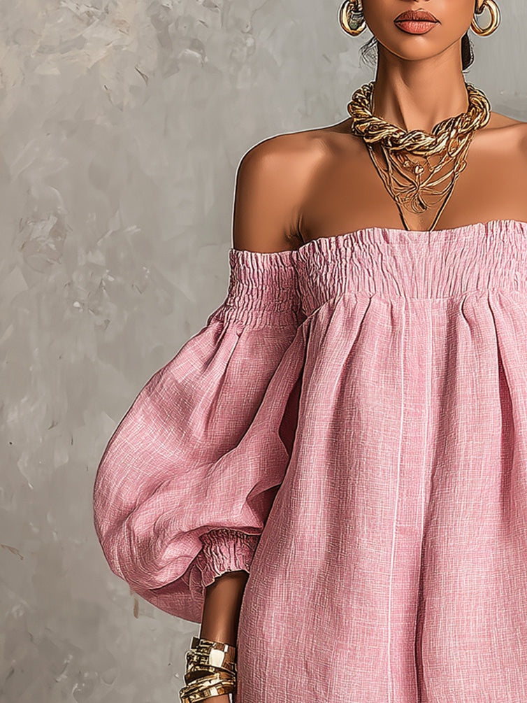 Violette | Robe Mini Trapèze Rose à Manches Lanterne et Épaules Dénudées