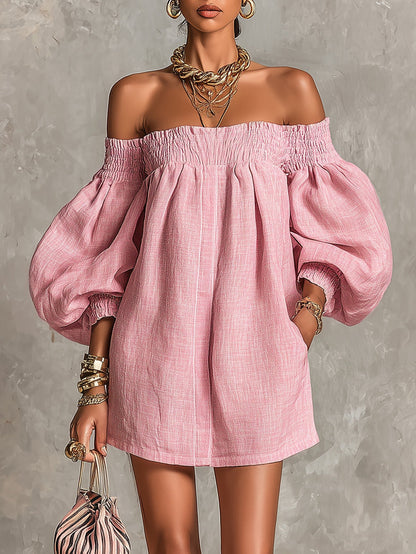 Rosabelle | Mini Robe Trapèze Ample, Manches Lanterne, Épaules Dénudées Roses