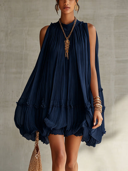 Océane | Mini Robe à Volants, Col Halter, Bleu Marine