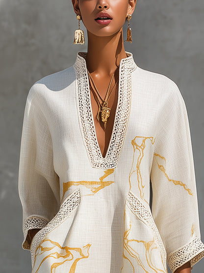 Ivoire | Mini Robe en Viscose, Imprimé Or Ivoire