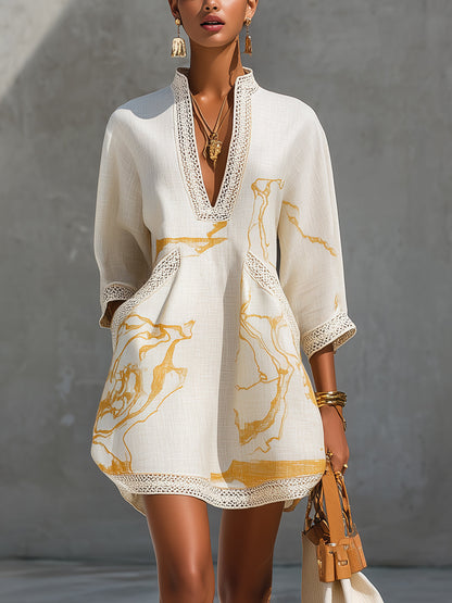 Ivoire | Mini Robe en Viscose, Imprimé Or Ivoire