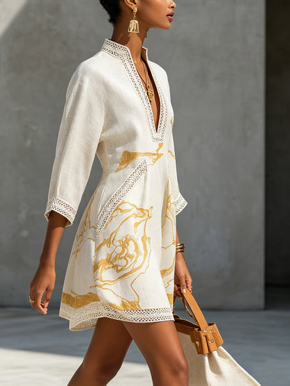 Ivoire | Mini Robe en Viscose, Imprimé Or Ivoire
