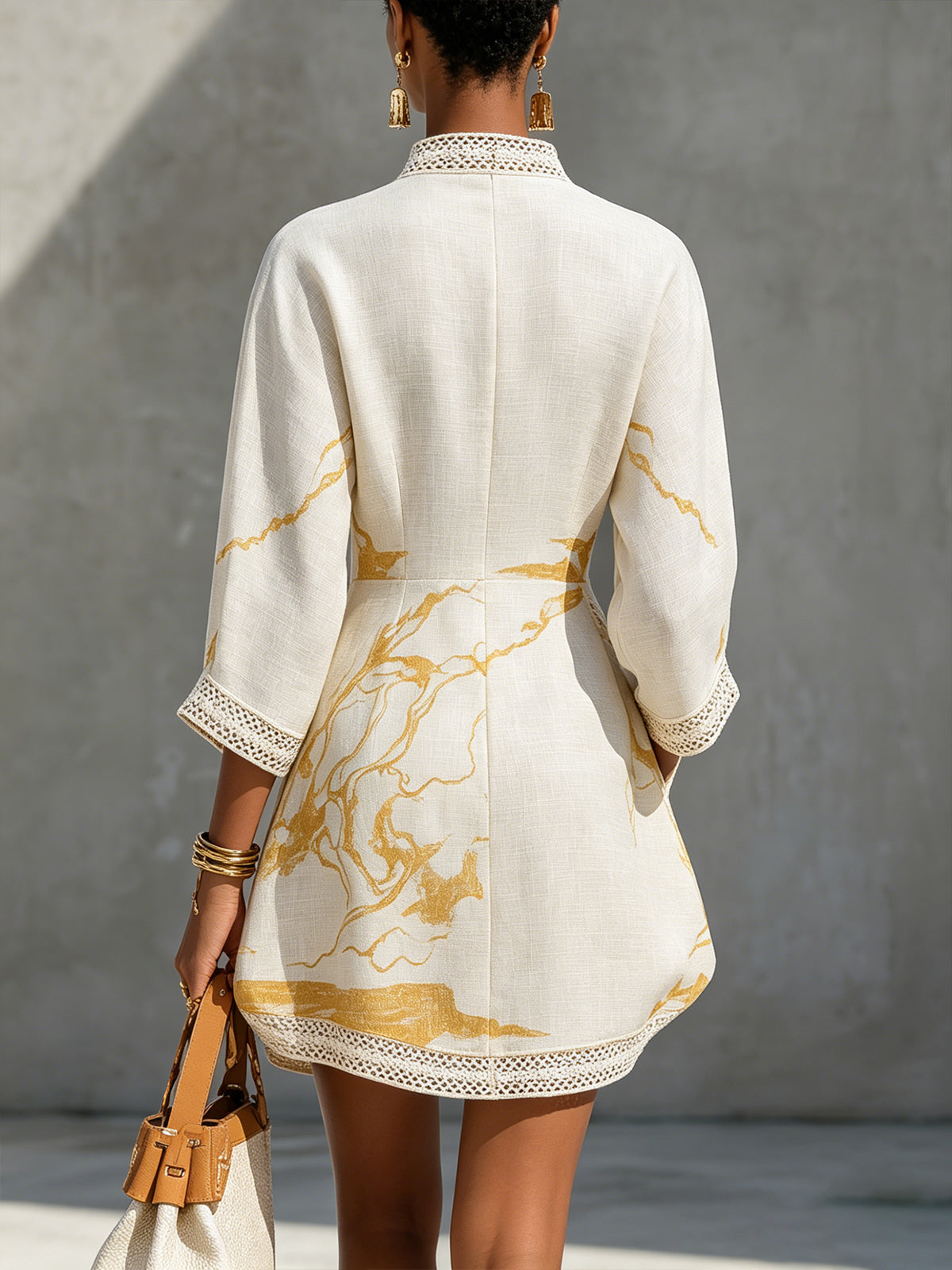 Ivoire | Mini Robe en Viscose, Imprimé Or Ivoire