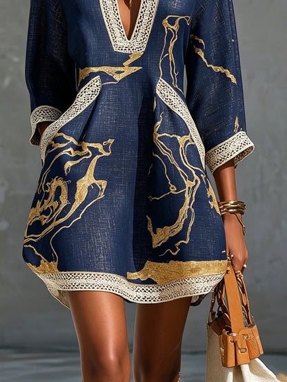 Astrée | Mini Robe Col en V, Imprimé Or Marine