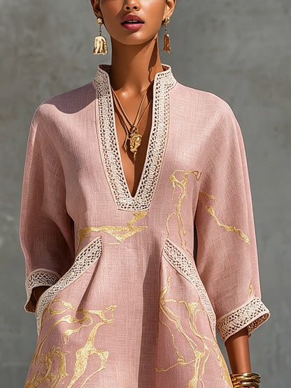 Aurore | Mini Robe Col en V, Imprimé Or Rose