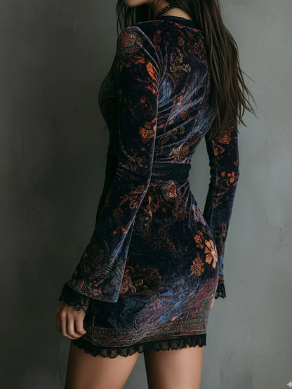 Iris | Mini Robe Ajustée en Velours, Dentelle et Imprimé Floral