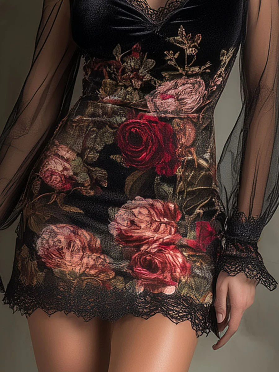 Églantine | Mini Robe en Tulle, Imprimé Roses et Dentelle