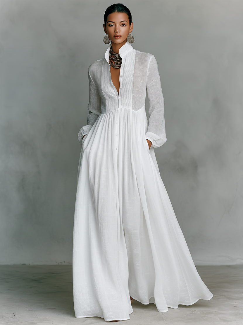 Sita | Maxi robe en patchwork, col montant et manches longues