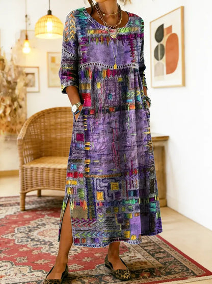Manuela | Robe en Denim avec Patchwork Ethnique