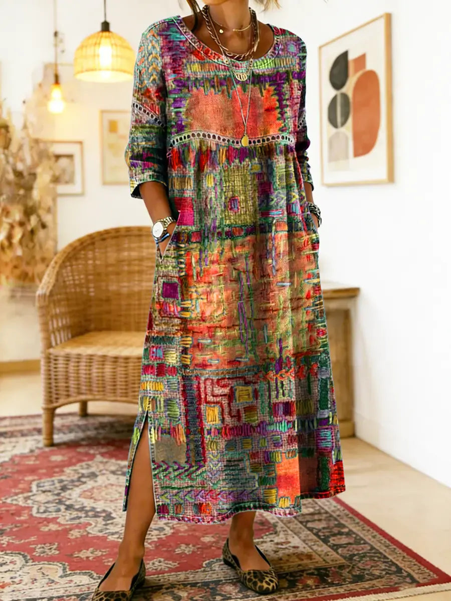 Manuela | Robe en Denim avec Patchwork Ethnique