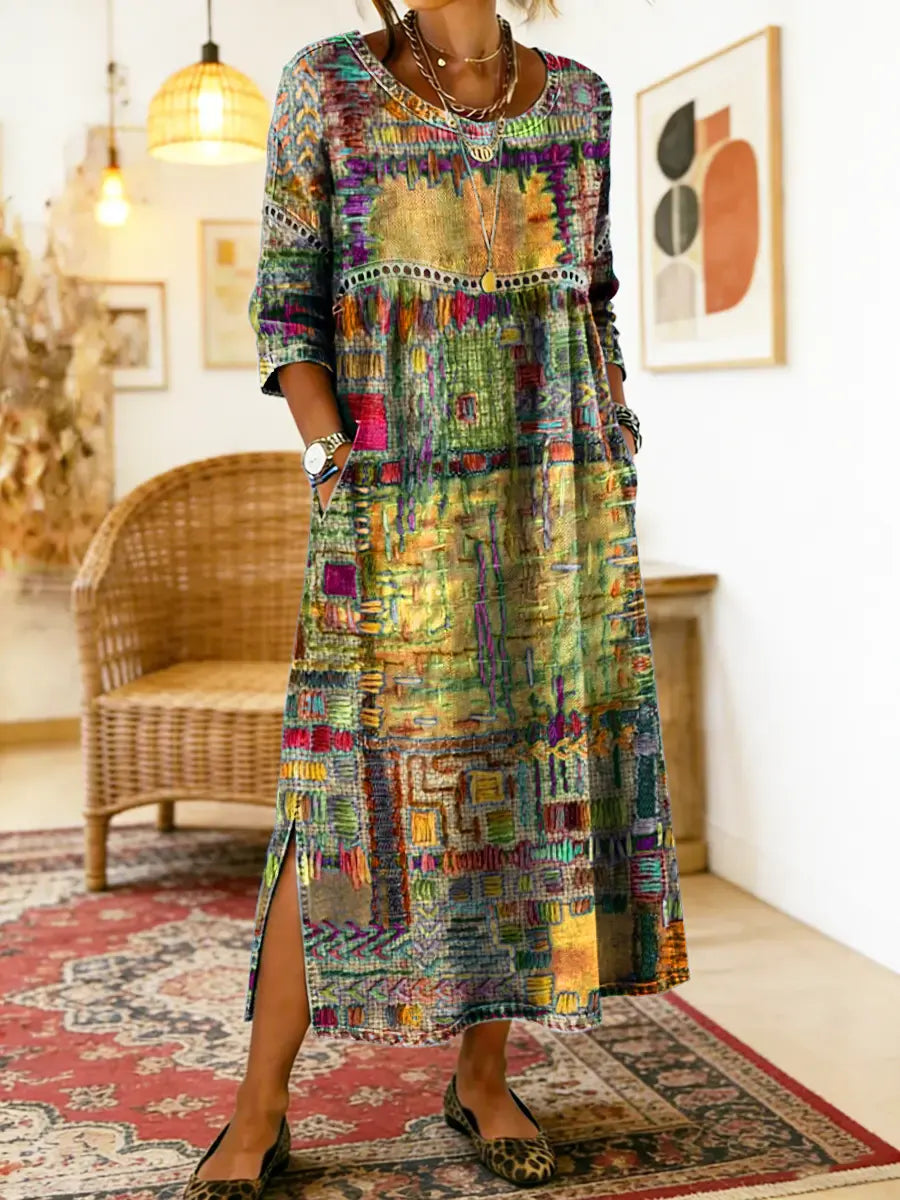 Manuela | Robe en Denim avec Patchwork Ethnique