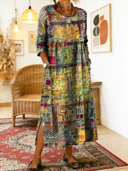 Manuela | Robe en Denim avec Patchwork Ethnique