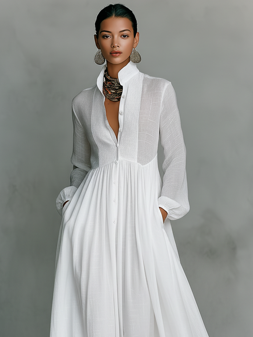 Sita | Maxi robe en patchwork, col montant et manches longues