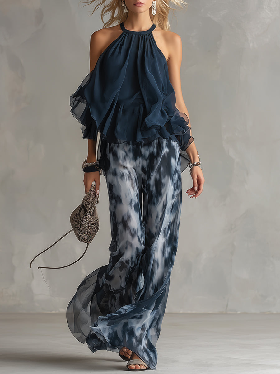 Ludovica | Ensemble élégant avec un haut montant et un pantalon ample imprimé