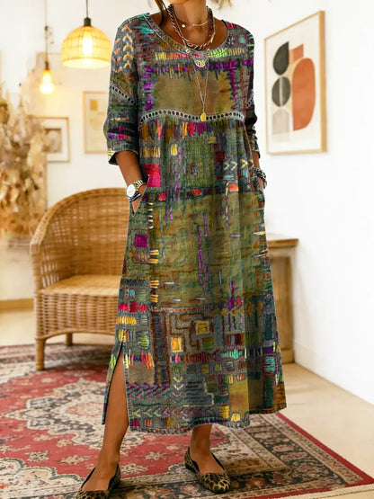 Manuela | Robe en Denim avec Patchwork Ethnique