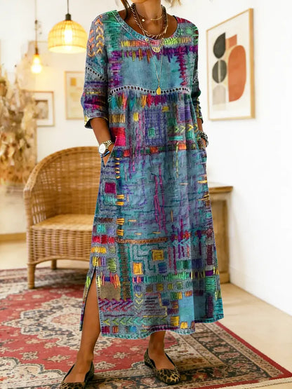 Manuela | Robe en Denim avec Patchwork Ethnique