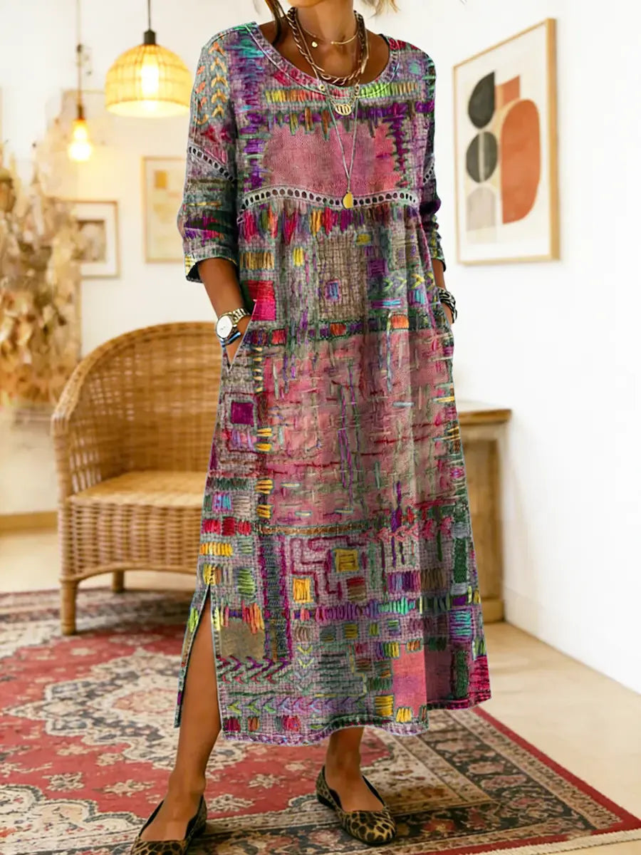 Manuela | Robe en Denim avec Patchwork Ethnique