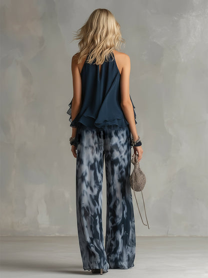 Ludovica | Ensemble élégant avec un haut montant et un pantalon ample imprimé