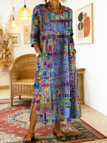 Manuela | Robe en Denim avec Patchwork Ethnique
