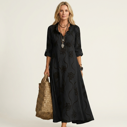 Maxi Robe Brodée en Coton-Lin