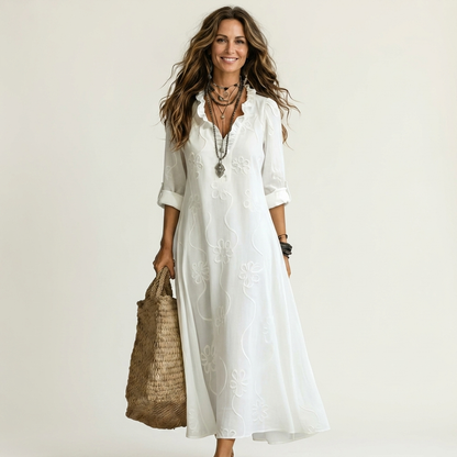 Maxi Robe Brodée en Coton-Lin