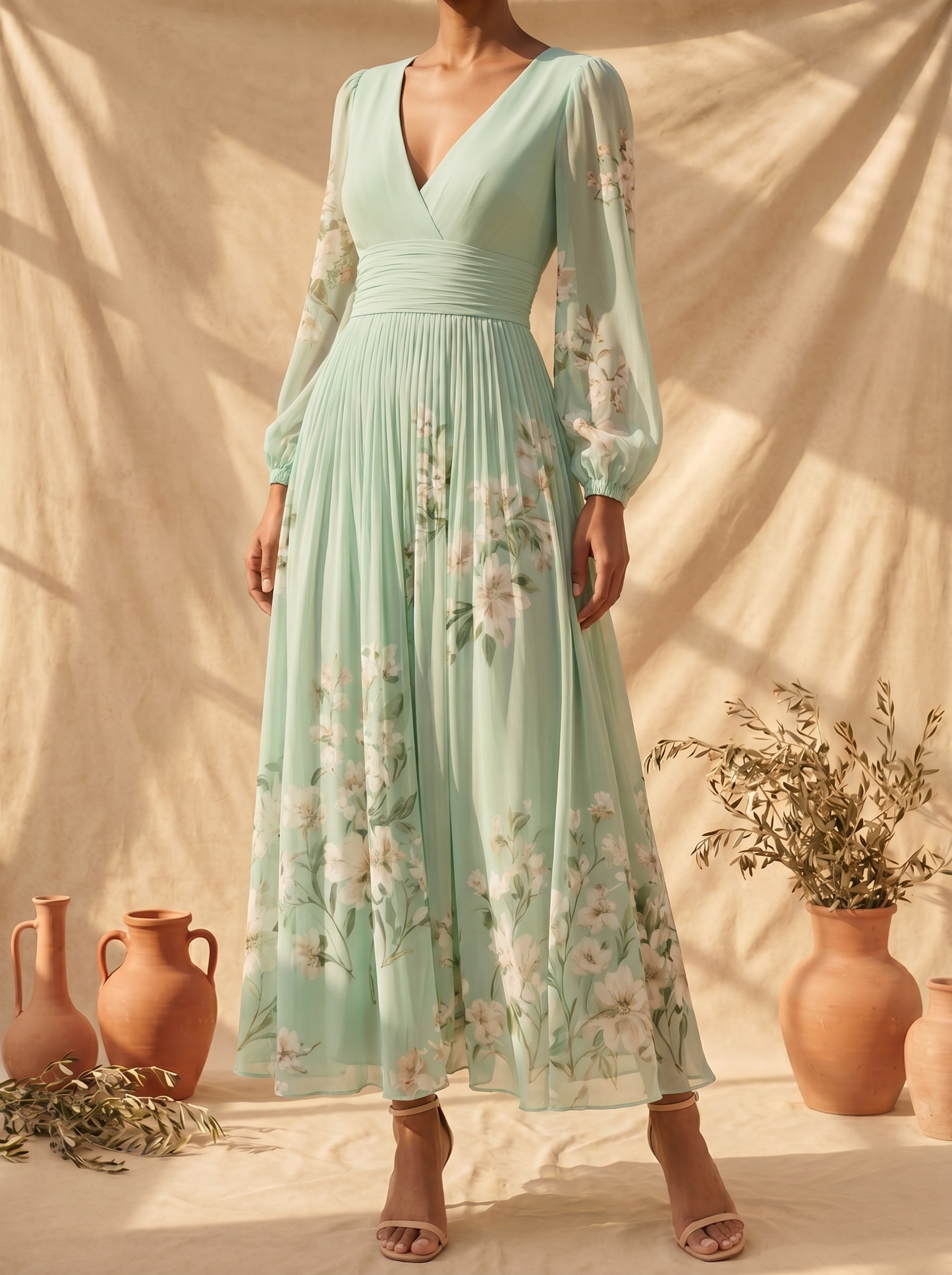 Cisella | Robe midi en vert clair avec motif floral