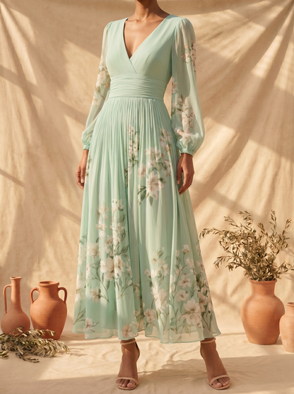 Cisella | Robe midi en vert clair avec motif floral