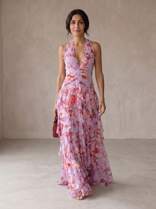 Belladina | Robe maxi romantique à motif de roses avec décolleté américain
