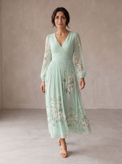 Cisella | Robe midi en vert clair avec motif floral