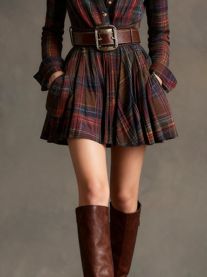 Cannelle | Mini Robe Vintage à Carreaux Rouge et Marron (avec ceinture)