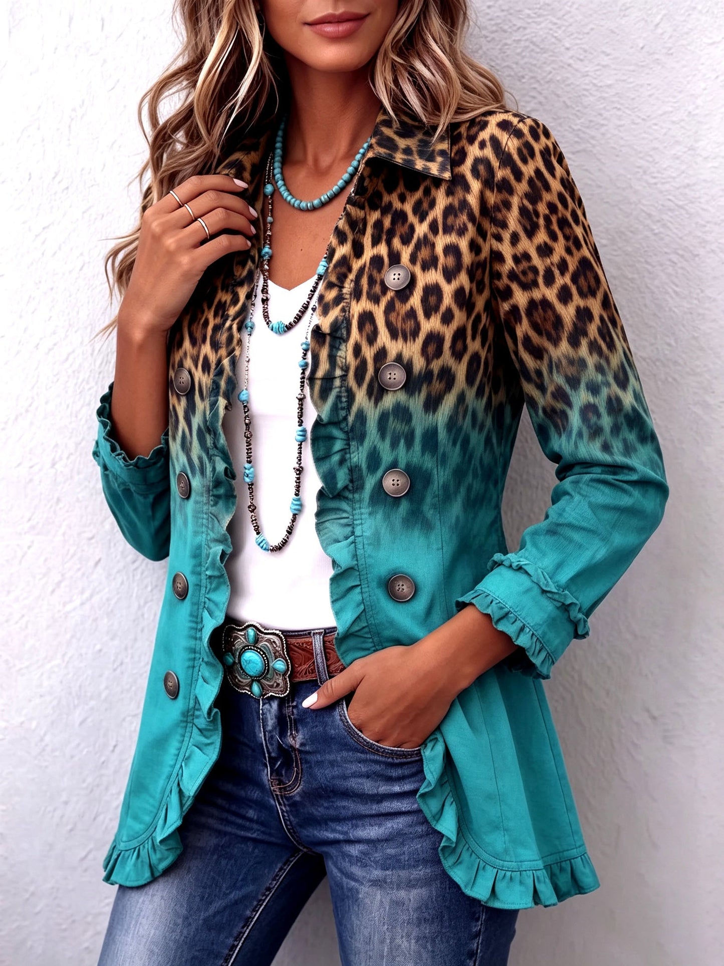 Chantal | Blazer dégradé à imprimé léopard avec volants
