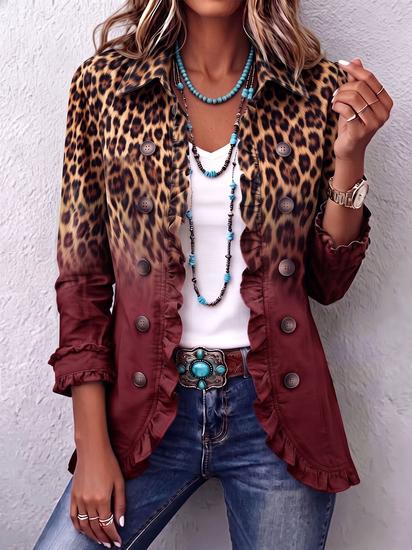 Huguette | Veste blazer imprimé léopard couleur bordeaux avec volants